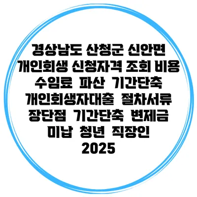 경상남도 산청군 신안면 개인회생 신청자격 조회 비용 수임료 | 파산 | 기간단축 | 개인회생자대출 | 절차서류 | 장단점 | 기간단축 | 변제금 미납 | 청년 | 직장인 2025