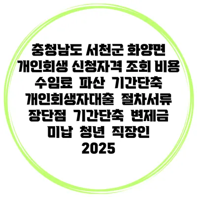 충청남도 서천군 화양면 개인회생 신청자격 조회 비용 수임료 | 파산 | 기간단축 | 개인회생자대출 | 절차서류 | 장단점 | 기간단축 | 변제금 미납 | 청년 | 직장인 2025